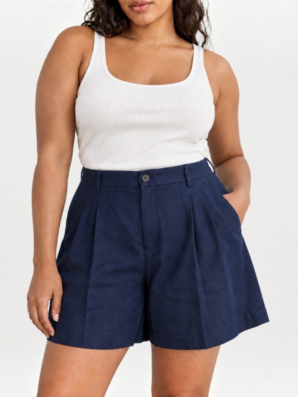Everlane Tailored A-Line European Flax Linen Shorts Pleated High Rise 14 Navy